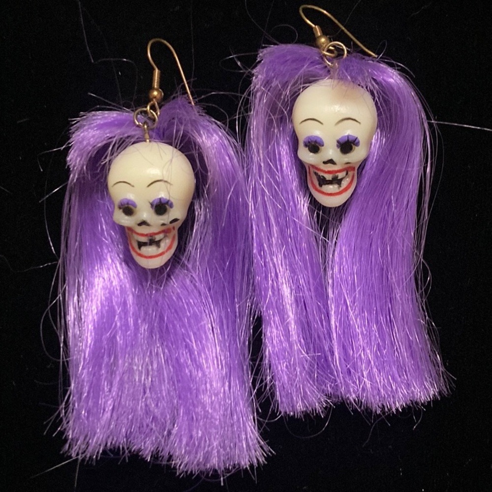 Shrunken Head Statement Earrings w/Long Purple Hair